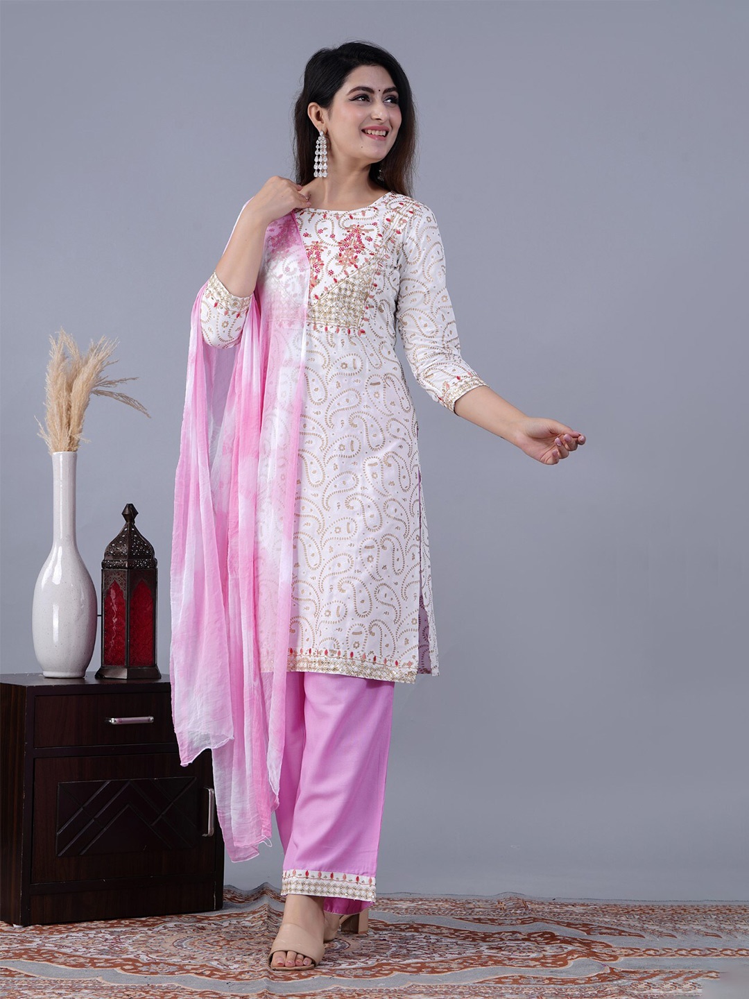 

ANJAYA Ethnic Motifs Embroidered Regular Thread Work Kurta with Palazzos & Dupatta, White