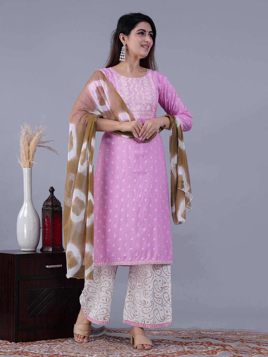 

ANJAYA Floral Printed Regular Thread Work Kurta with Palazzos & Dupatta, Pink