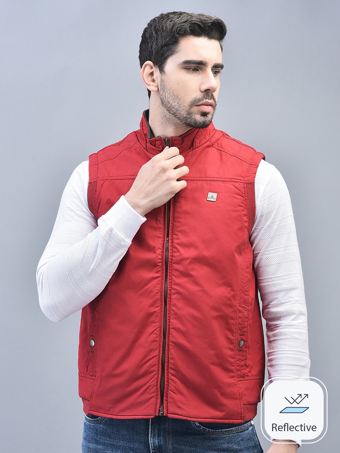 

CANOE Mock Collar Sleeveless Reversible Cotton Bomber Jacket, Red