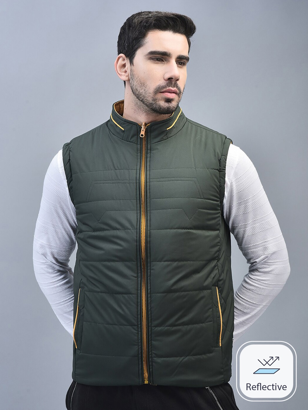 

CANOE Mandarin Collar Reversible Sleeveless Bomber Jacket, Olive