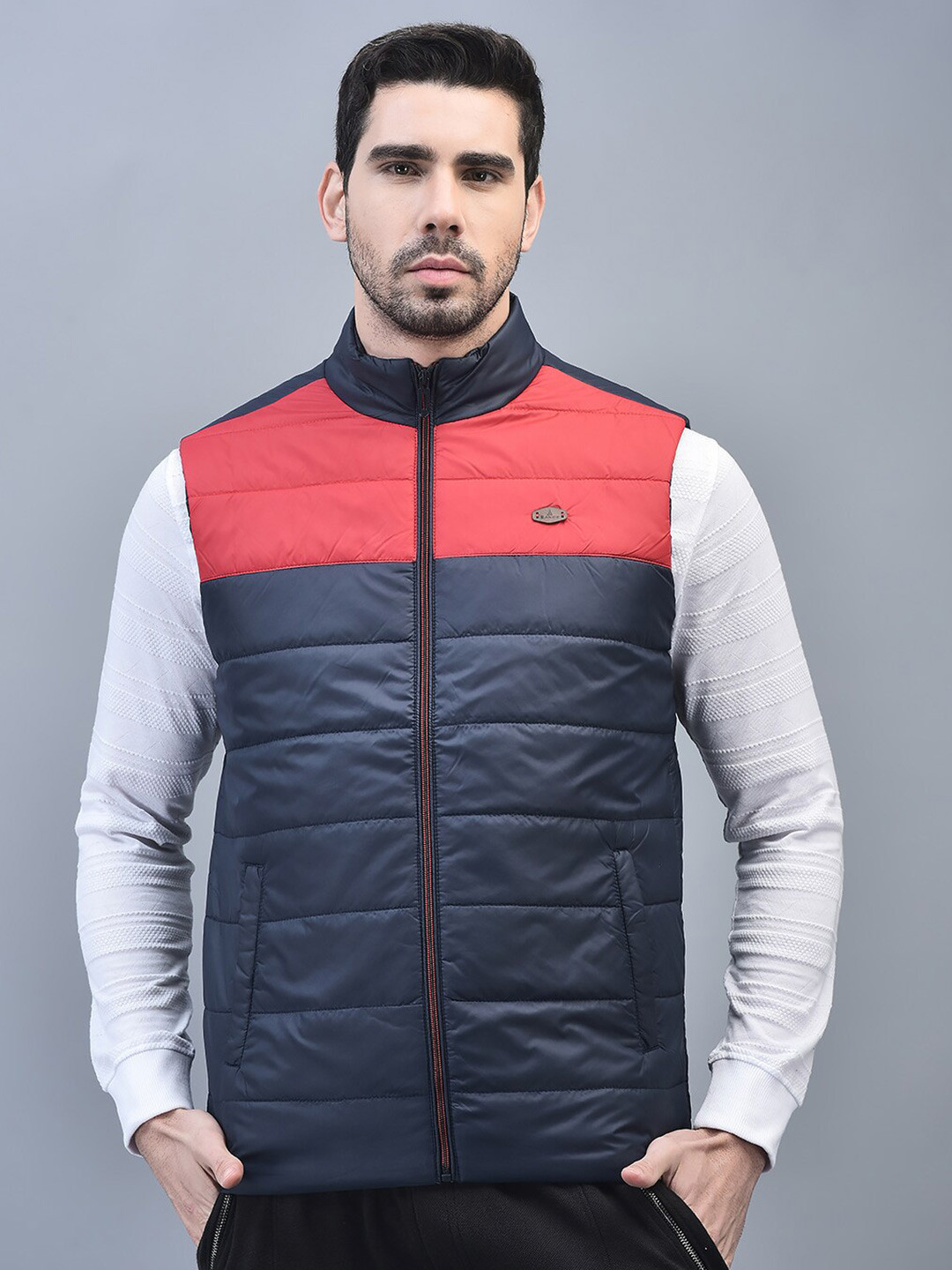 

CANOE Colourblocked Stand Collar Reversible Bomber Jacket, Navy blue