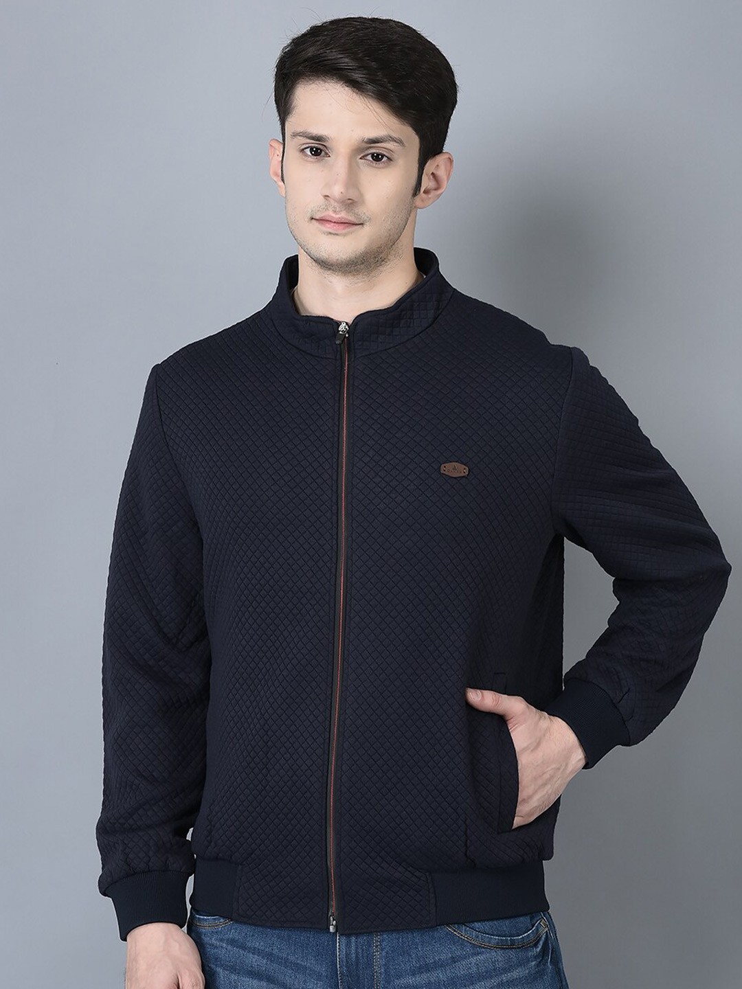 

CANOE Checked Stand Collar Bomber Jacket, Navy blue