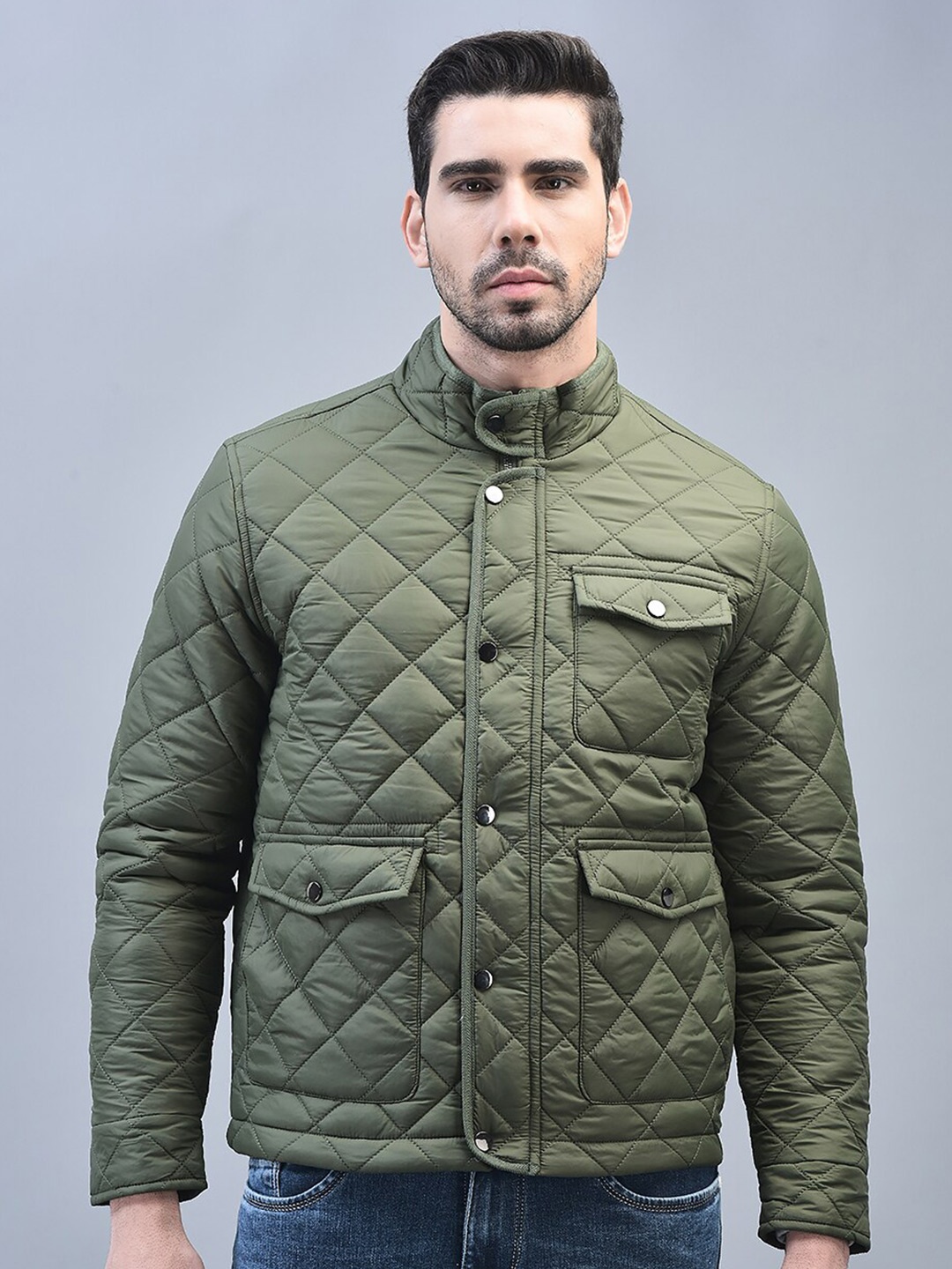 

CANOE Stand Collar Long Sleeves Quilted Jacket, Olive