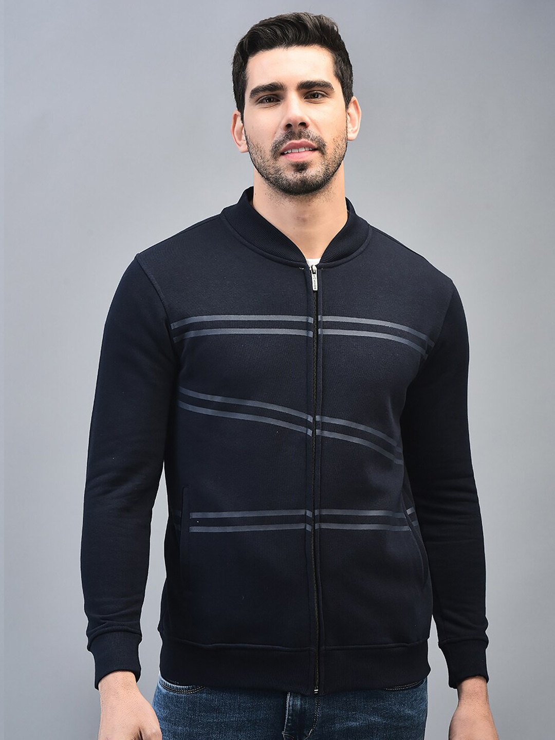 

CANOE Striped Stand Collar Long Sleeves Bomber Jacket, Navy blue