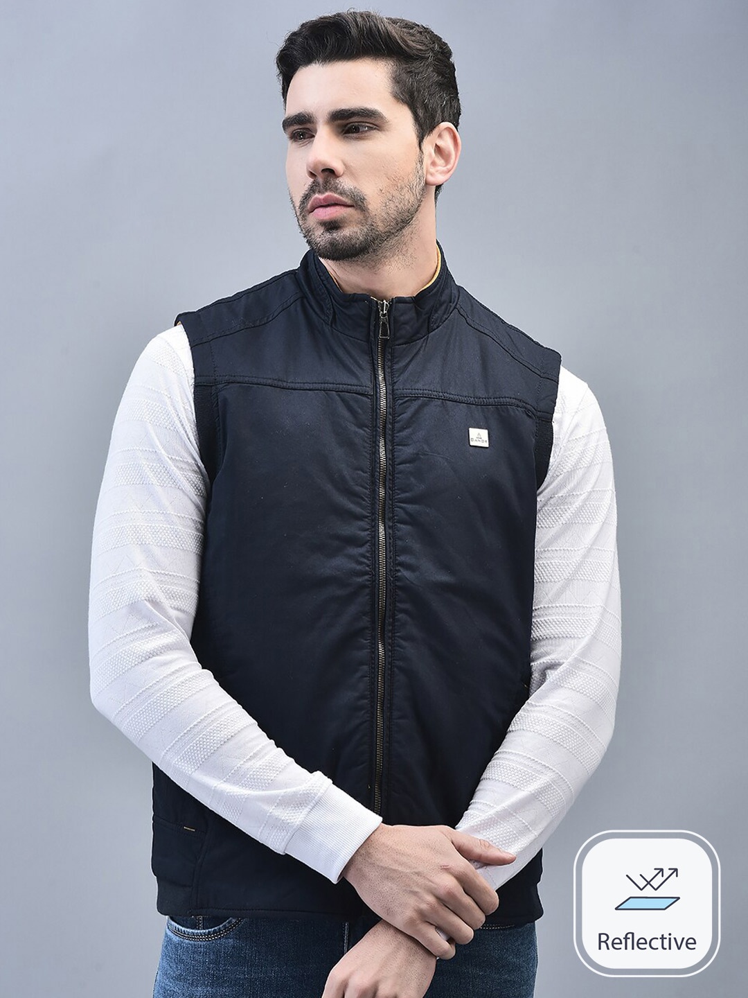 

CANOE Stand Collar Pure Cotton Reversible Bomber Jacket, Navy blue