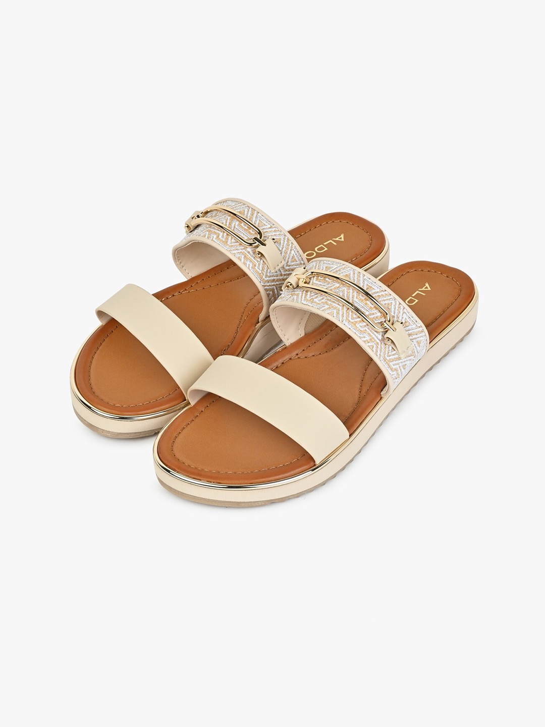 

ALDO Buckle Detailed Open Toe Flats, Beige