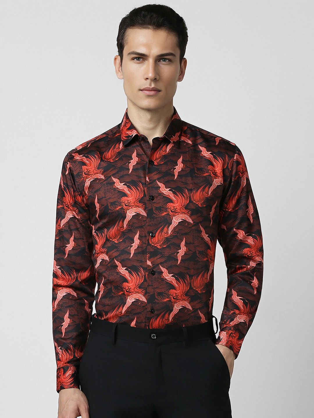 

V Dot Spread Collar Slim Fit Floral Opaque Printed Cotton Party Shirt, Maroon