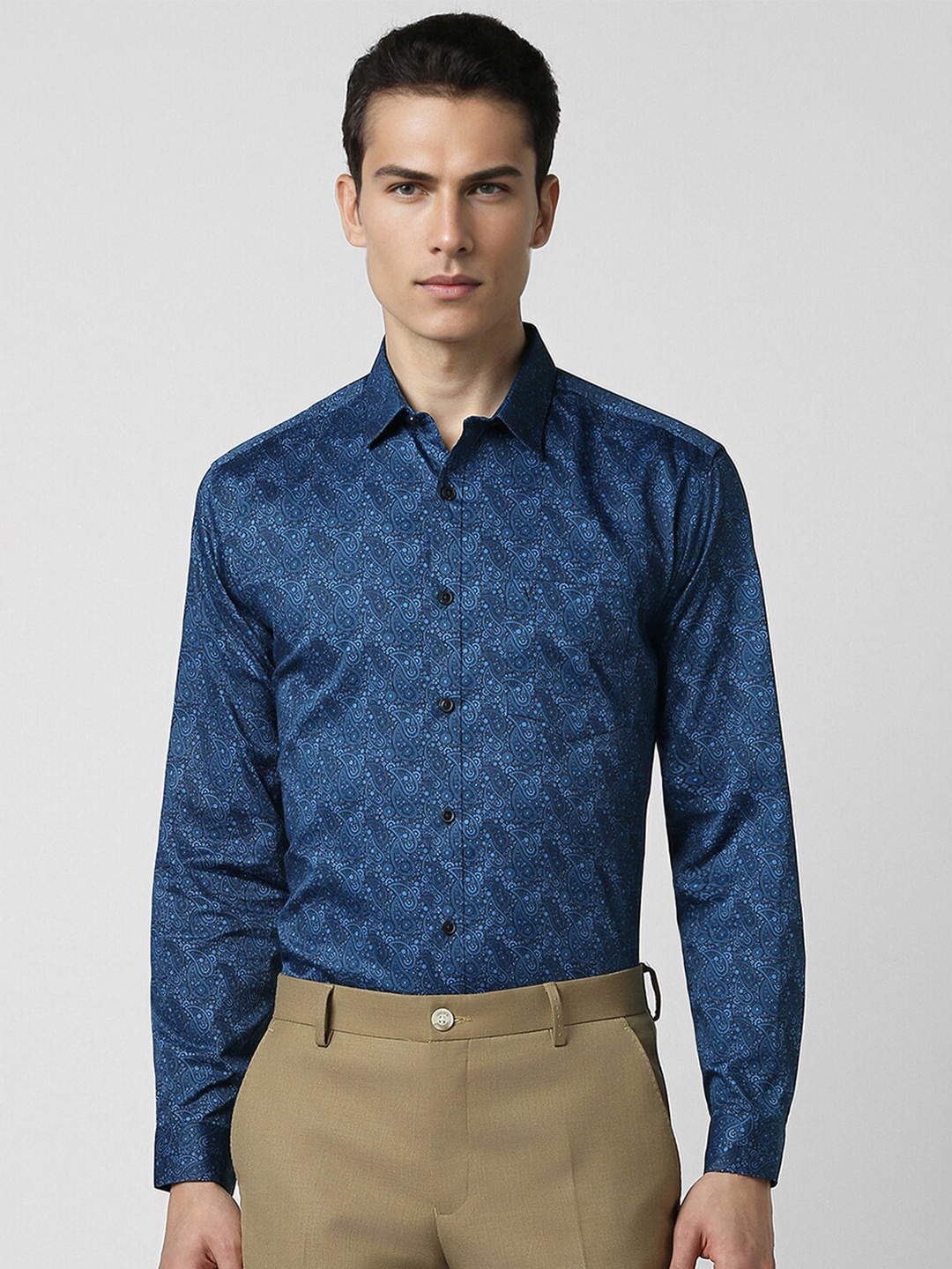 

V Dot Spread Collar Slim Fit Opaque Printed Cotton Party Shirt, Blue