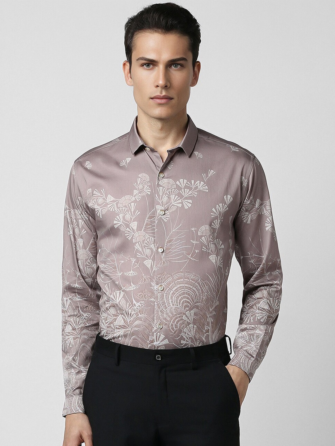 

V Dot Spread Collar Slim Fit Floral Opaque Printed Cotton Party Shirt, Grey