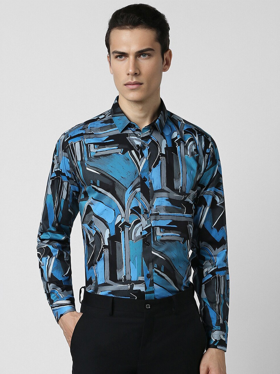

V Dot Spread Collar Long Sleeves Slim Fit Abstract Printed Cotton Party Shirt, Blue