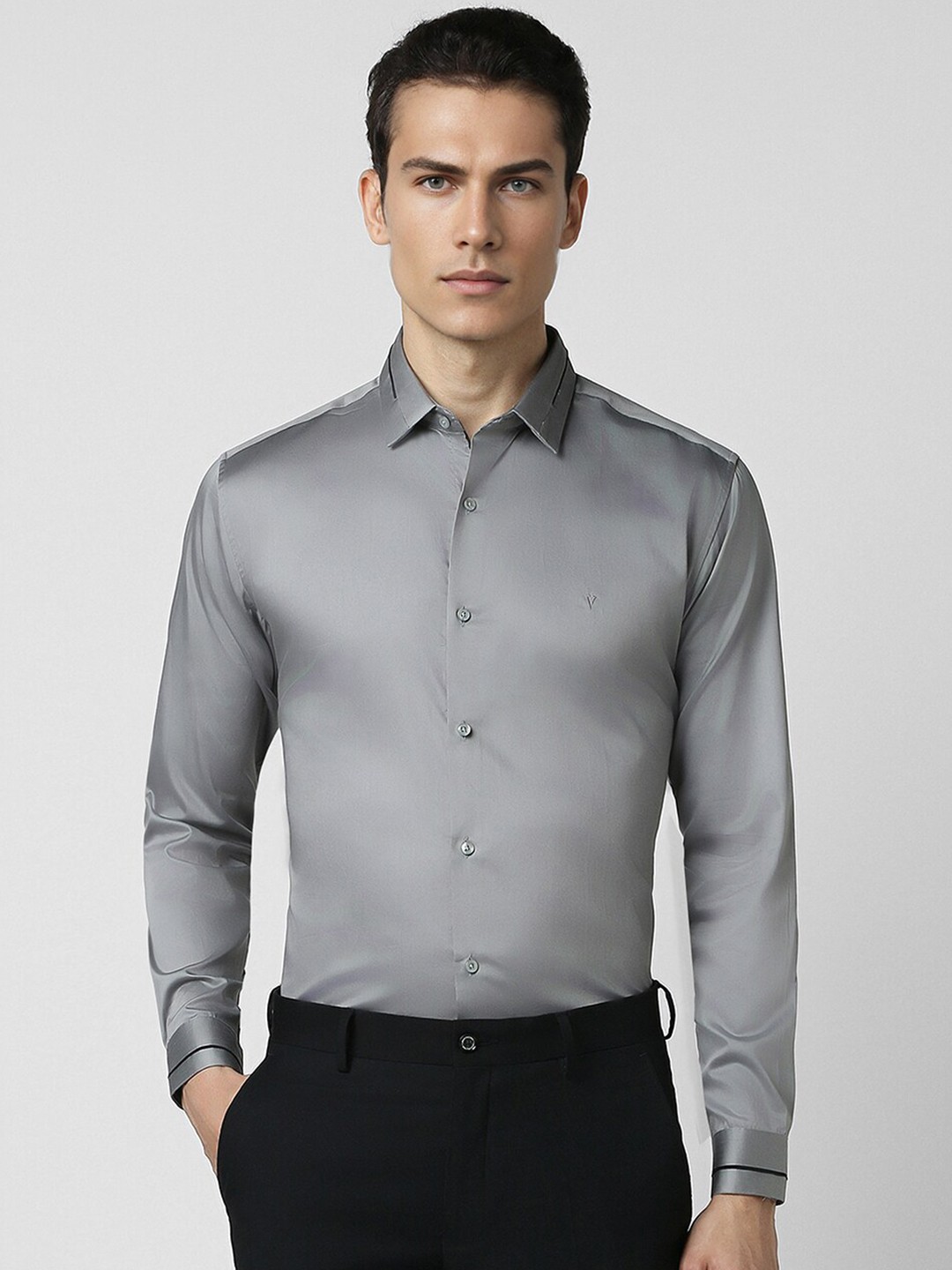 

V Dot Spread Collar Long Sleeves Slim Fit Cotton Party Shirt, Grey