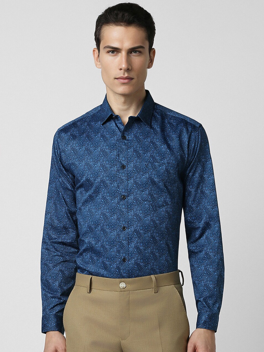 

V Dot Spread Collar Long Sleeves Slim Fit Ethnic Printed Cotton Party Shirt, Blue