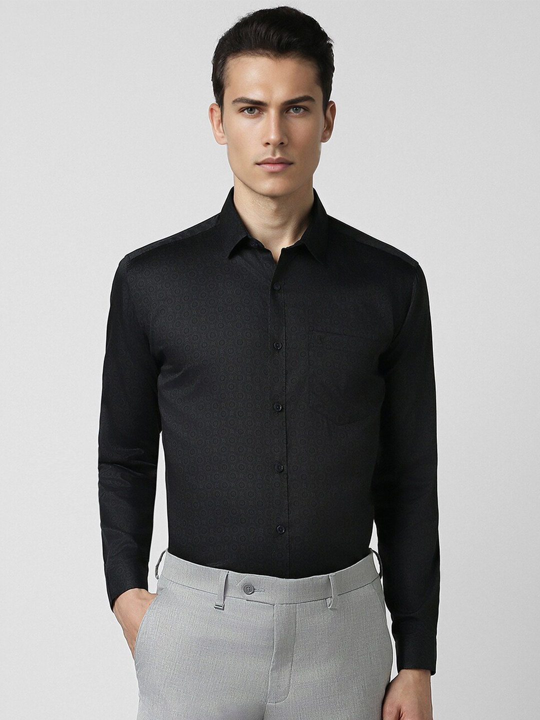 

V Dot Printed Slim Fit Spread Collar Party Cotton Shirt, Black