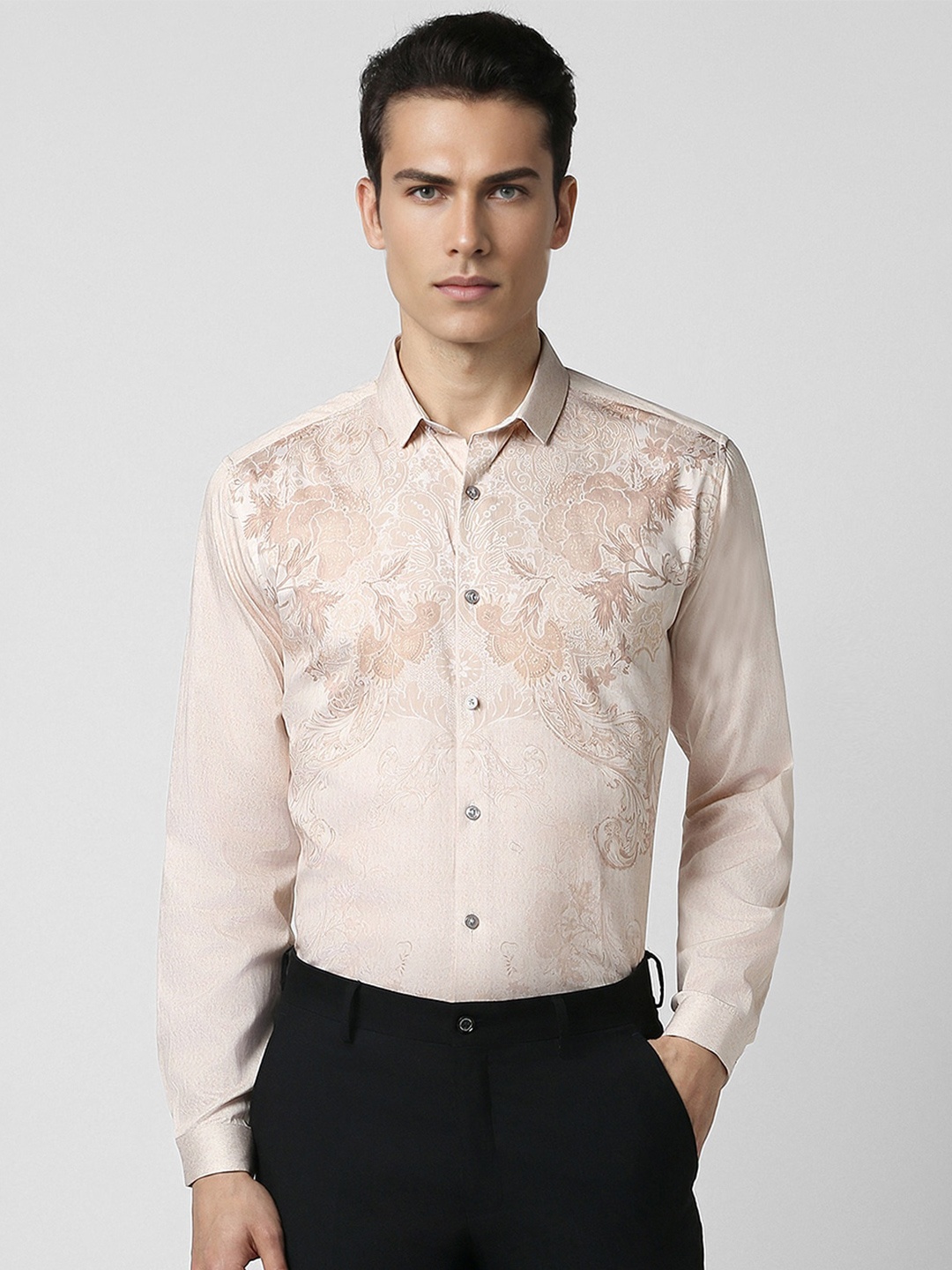 

V Dot Men Slim Fit Floral Printed Opaque Cotton Party Shirt, Beige