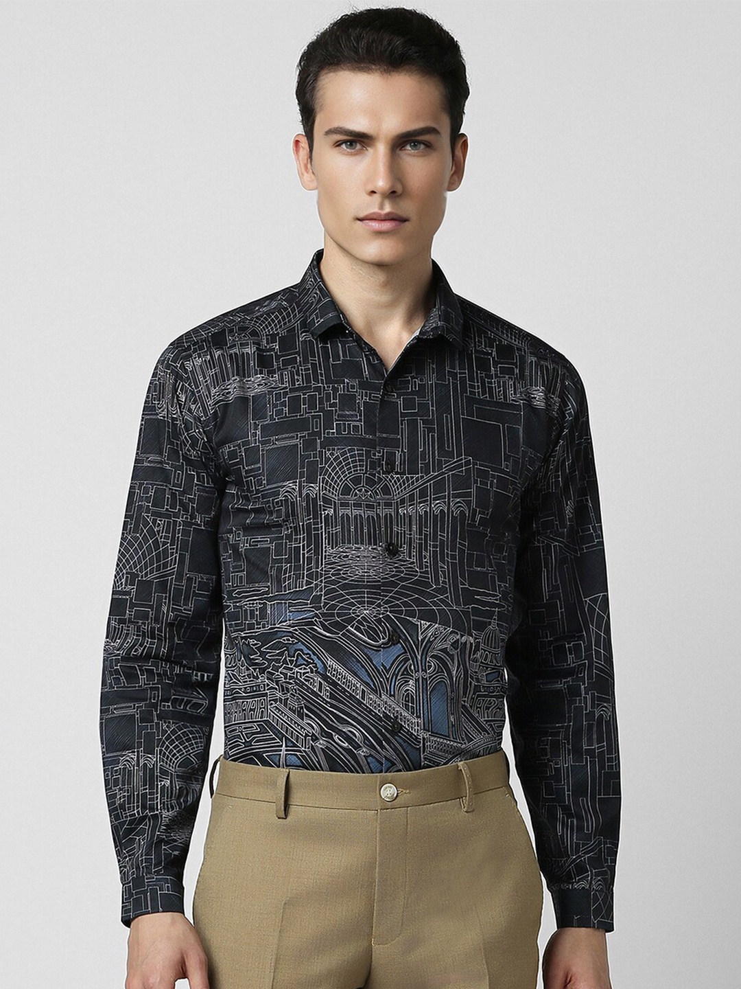 

V Dot Abstract Printed Slim Fit Cotton Party Shirt, Black