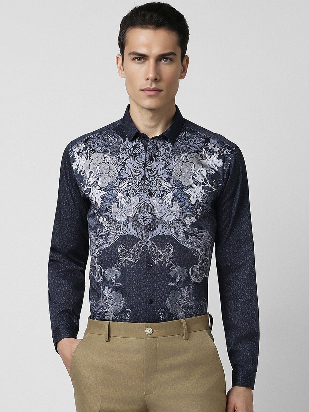 

V Dot Spread Collar Long Sleeves Slim Fit Floral Printed Cotton Party Shirt, Navy blue