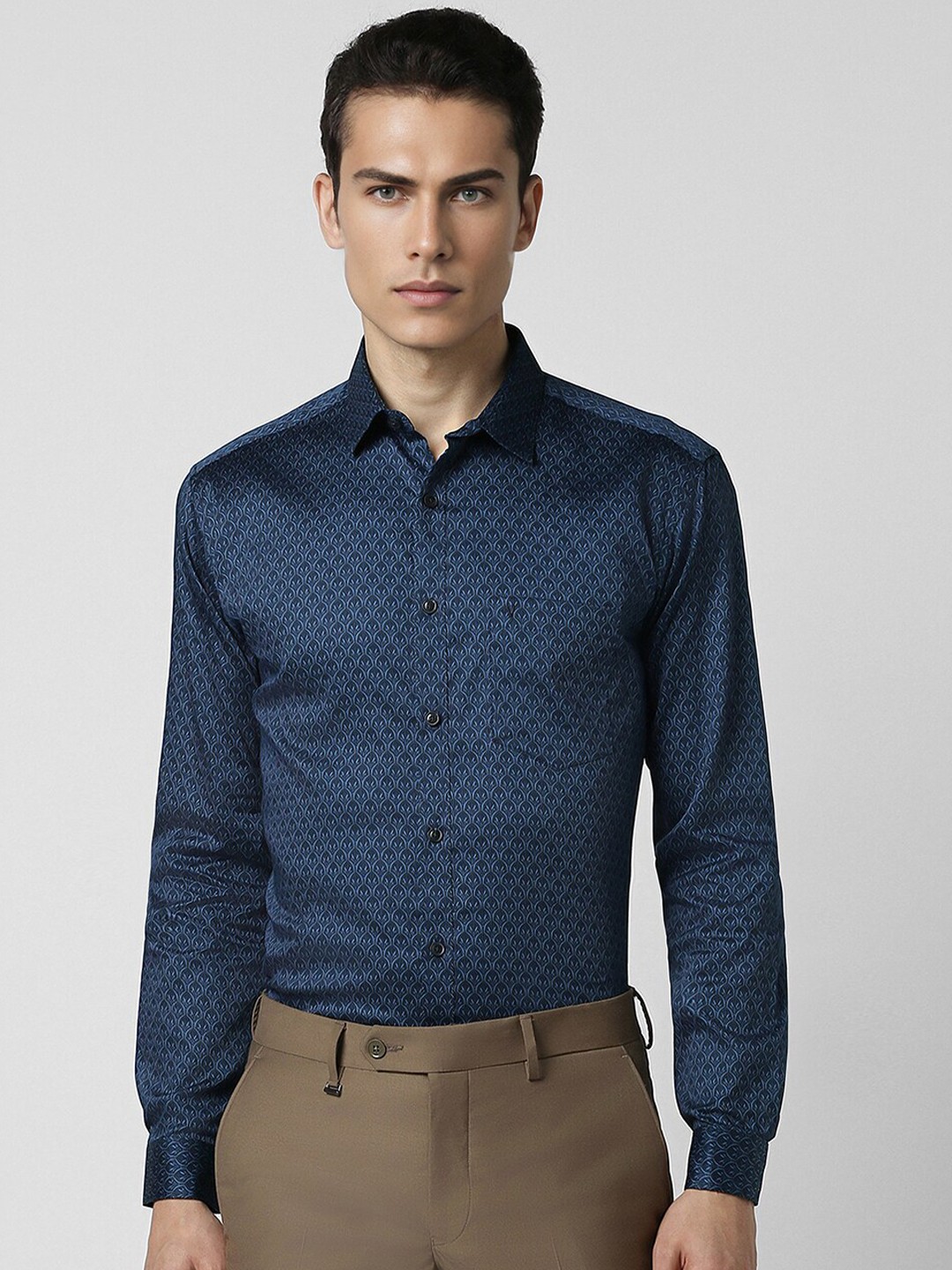 

V Dot Spread Collar Long Sleeves Slim Fit Printed Cotton Party Shirt, Navy blue