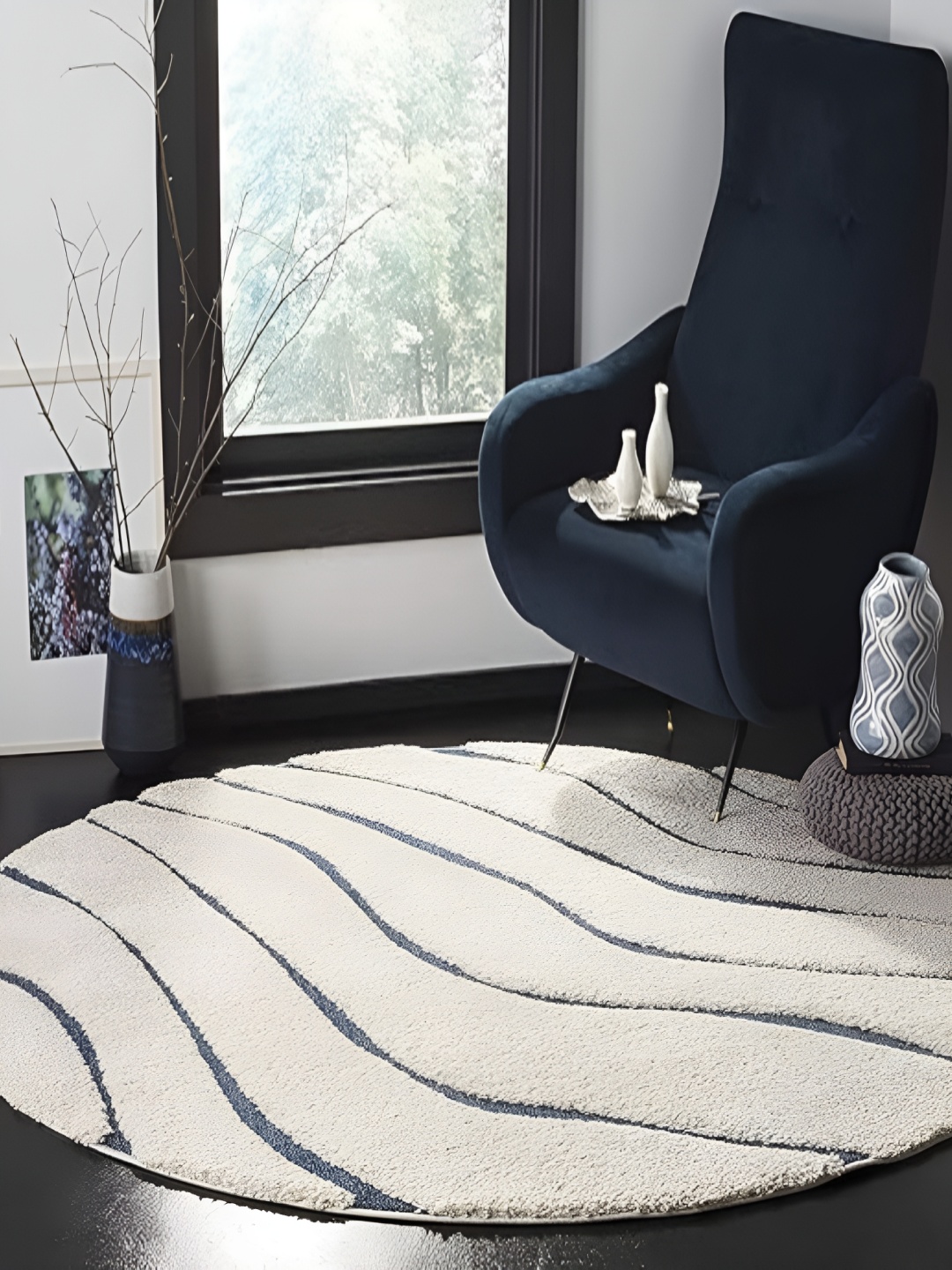 

Shopgallery Off White & Blue Abstract Anti-Skid Shaggy Carpet