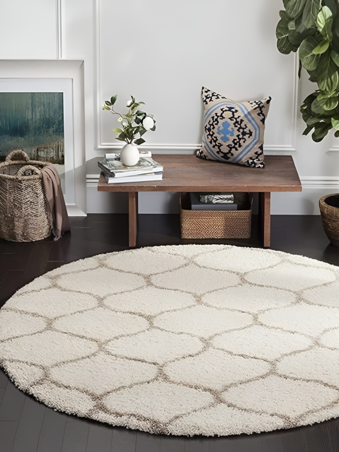 Shopgallery Beige & Off White Geometric Anti-Skid Shaggy Carpet