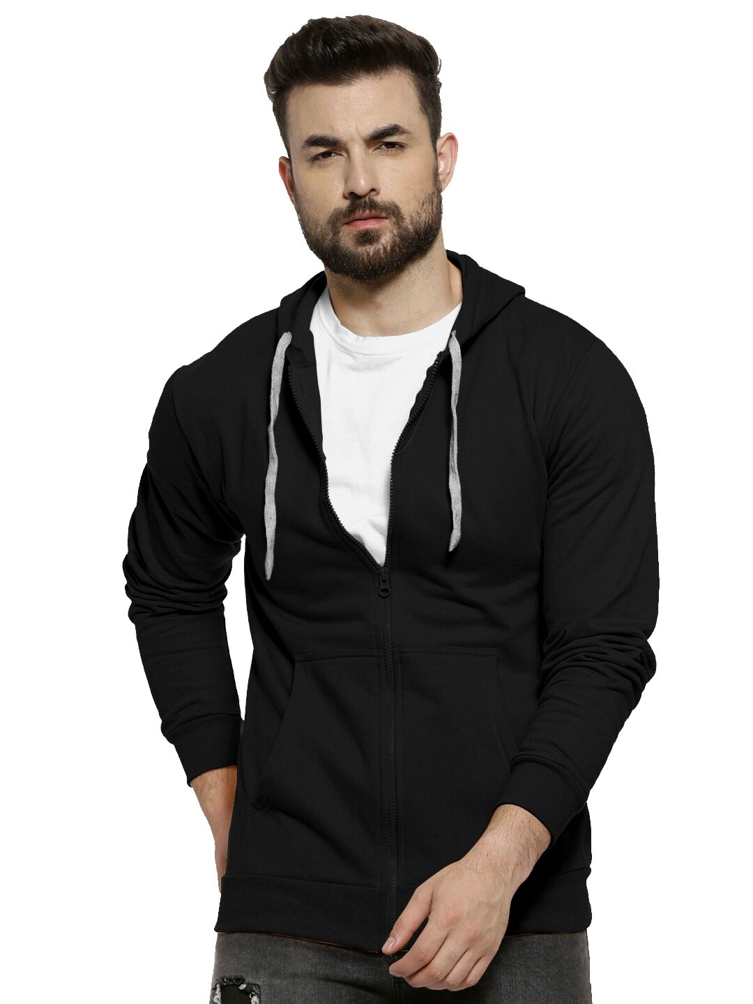 

BAESD Front-Open Hooded Kangaroo Pocket Ribbed Cotton Casual Sweatshirt, Black