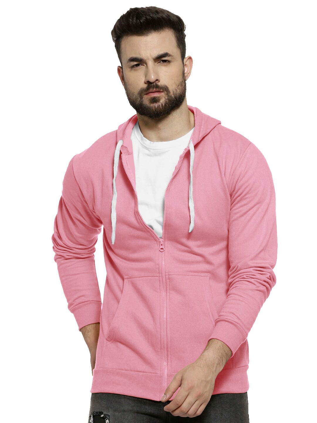 

BAESD Front-Open Hooded Kangaroo Pocket Ribbed Cotton Casual Sweatshirt, Pink