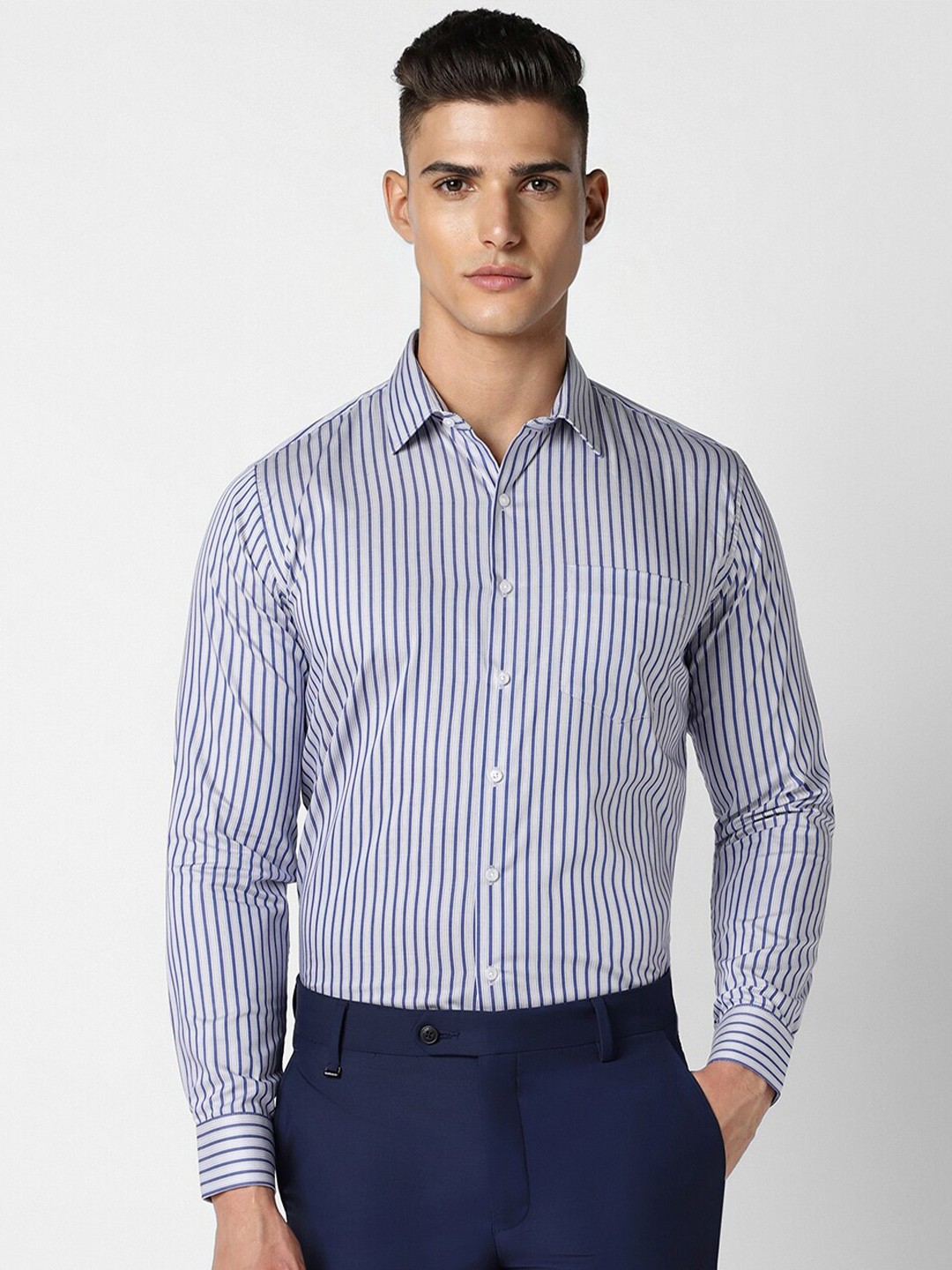 

Van Heusen Spread Collar Slim Fit Cotton Striped Formal Shirt, Blue