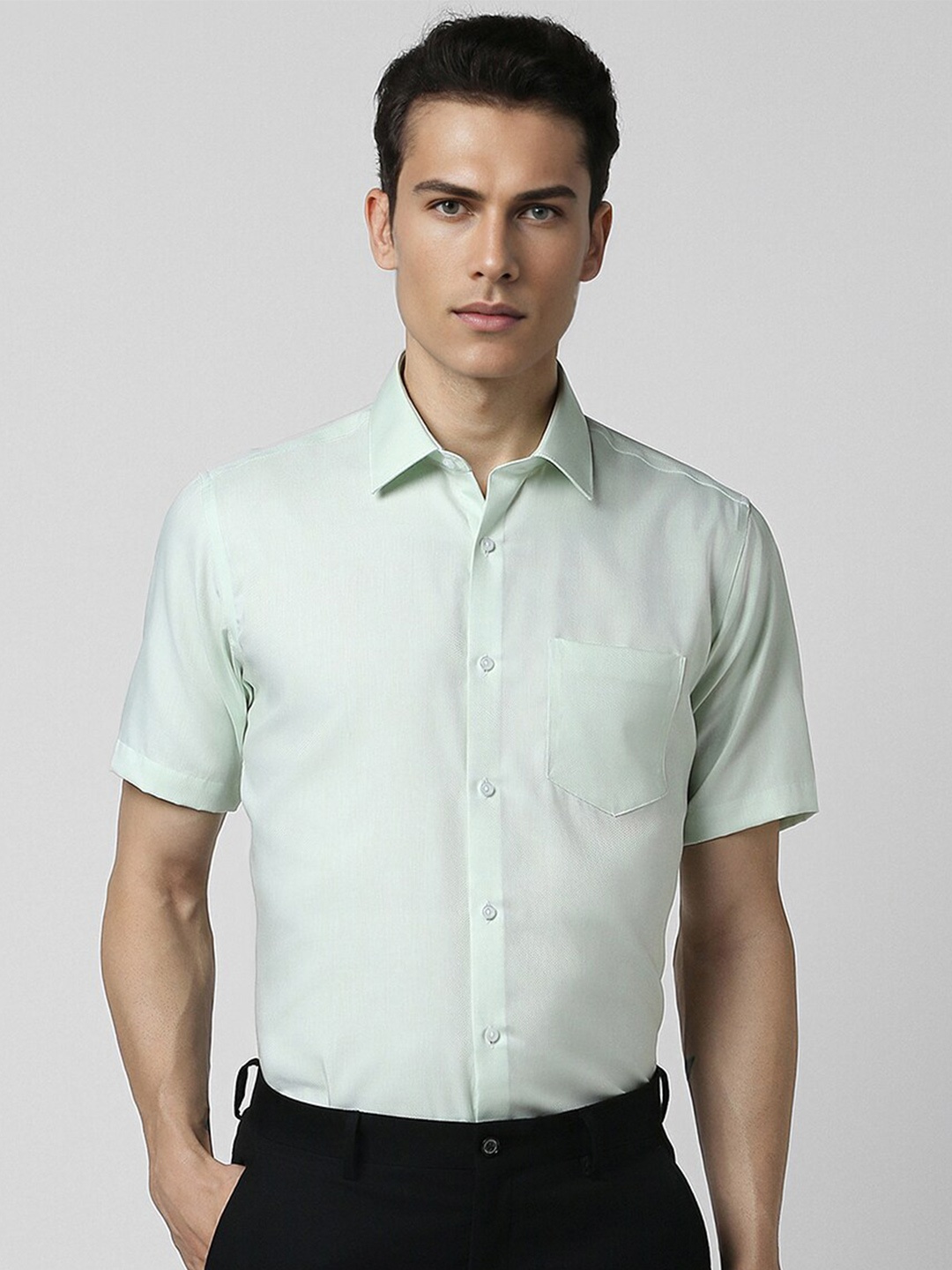 

Van Heusen Spread Collar Short Sleeves Textured Cotton Formal Shirt, Green
