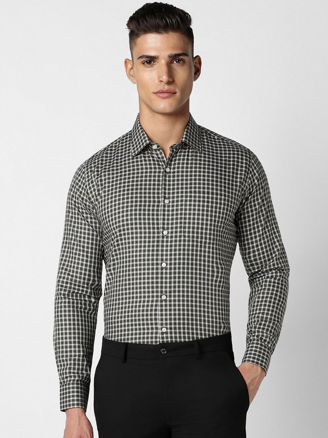 

Van Heusen Spread Collar Slim Fit Cotton Checked Formal Shirt, Olive