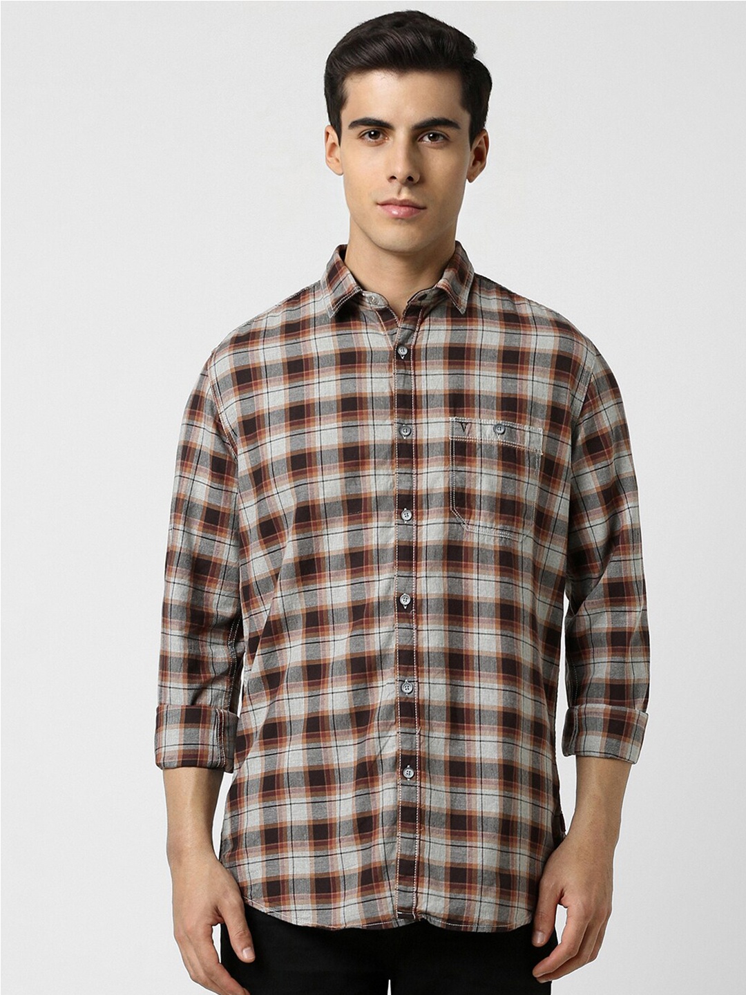 

VAN HEUSEN DENIM LABS Slim Fit Checked Opaque Cotton Party Shirt, Brown