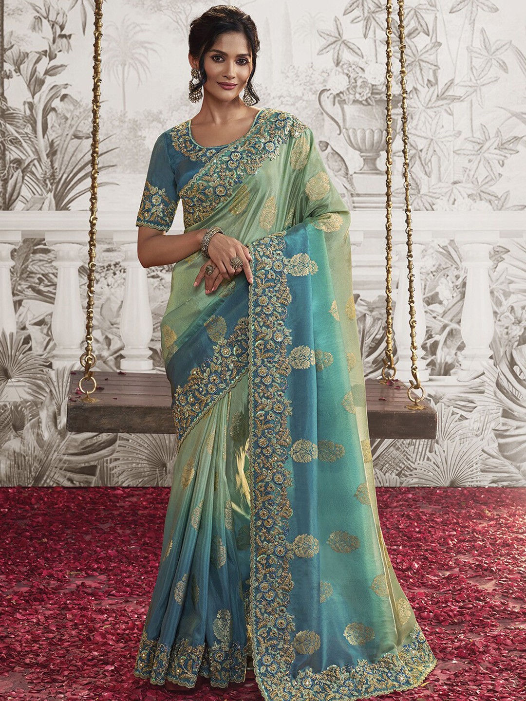 

Satrani Ethnic Motifs Embroidered Silk Heavy Work Saree, Blue