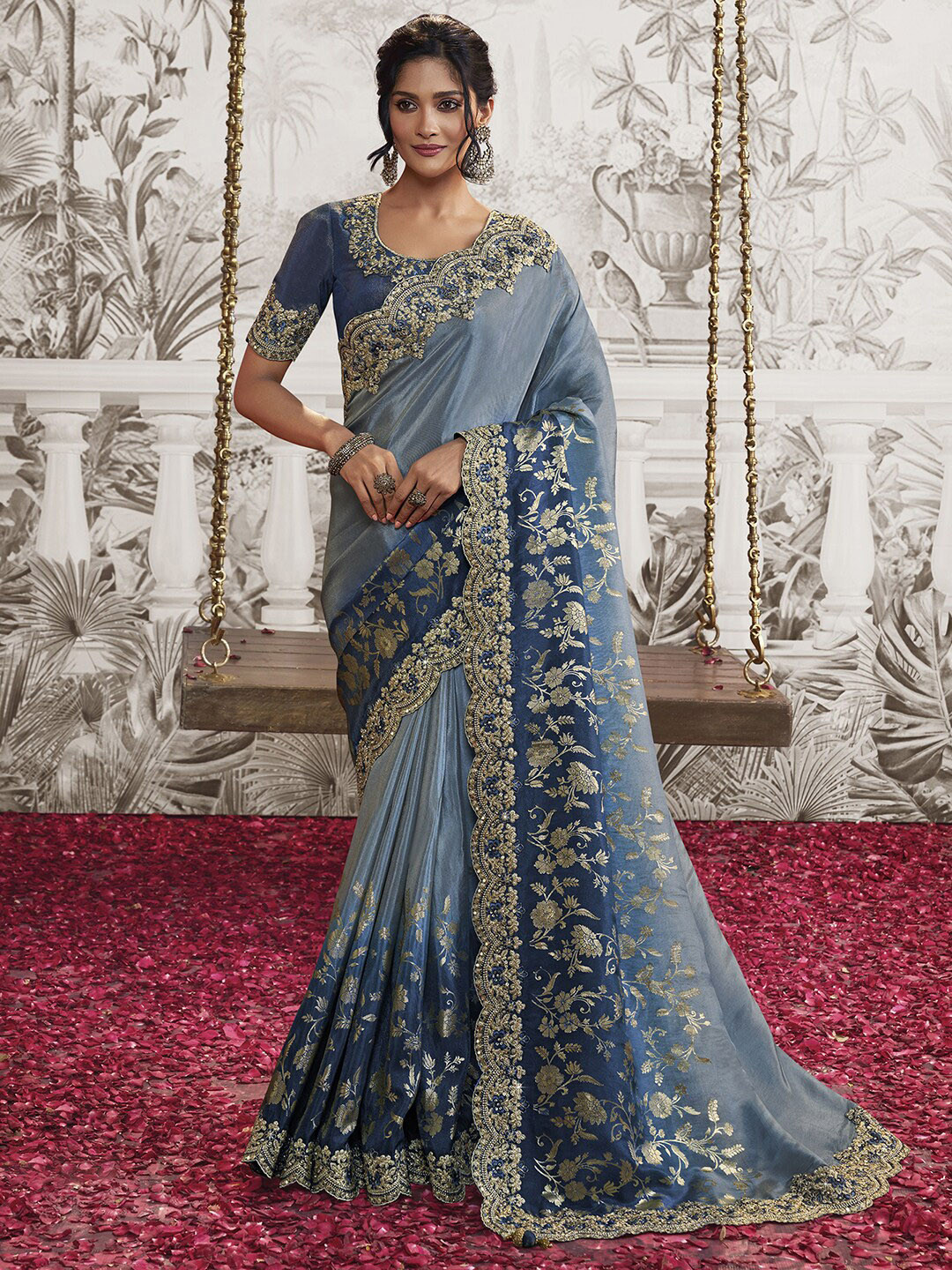 

Satrani Ethnic Motifs Beads and Stones Silk Blend Heavy Work Saree, Navy blue
