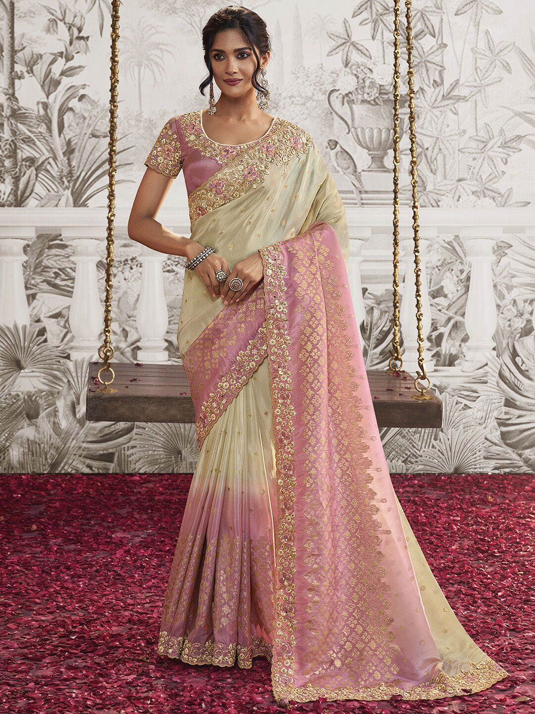 

Satrani Ethnic Motifs Embroidered Silk Blend Heavy Work Saree, Pink