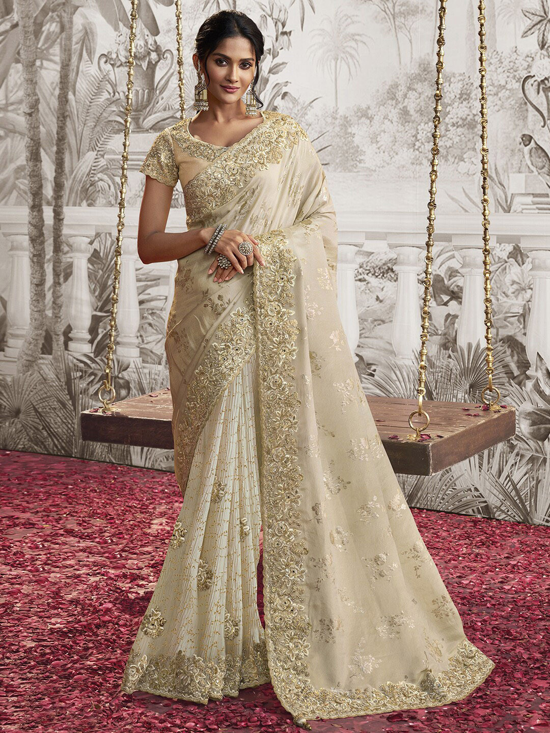 

Satrani Ethnic Motifs Patchwork Silk Blend Heavy Work Saree, Beige