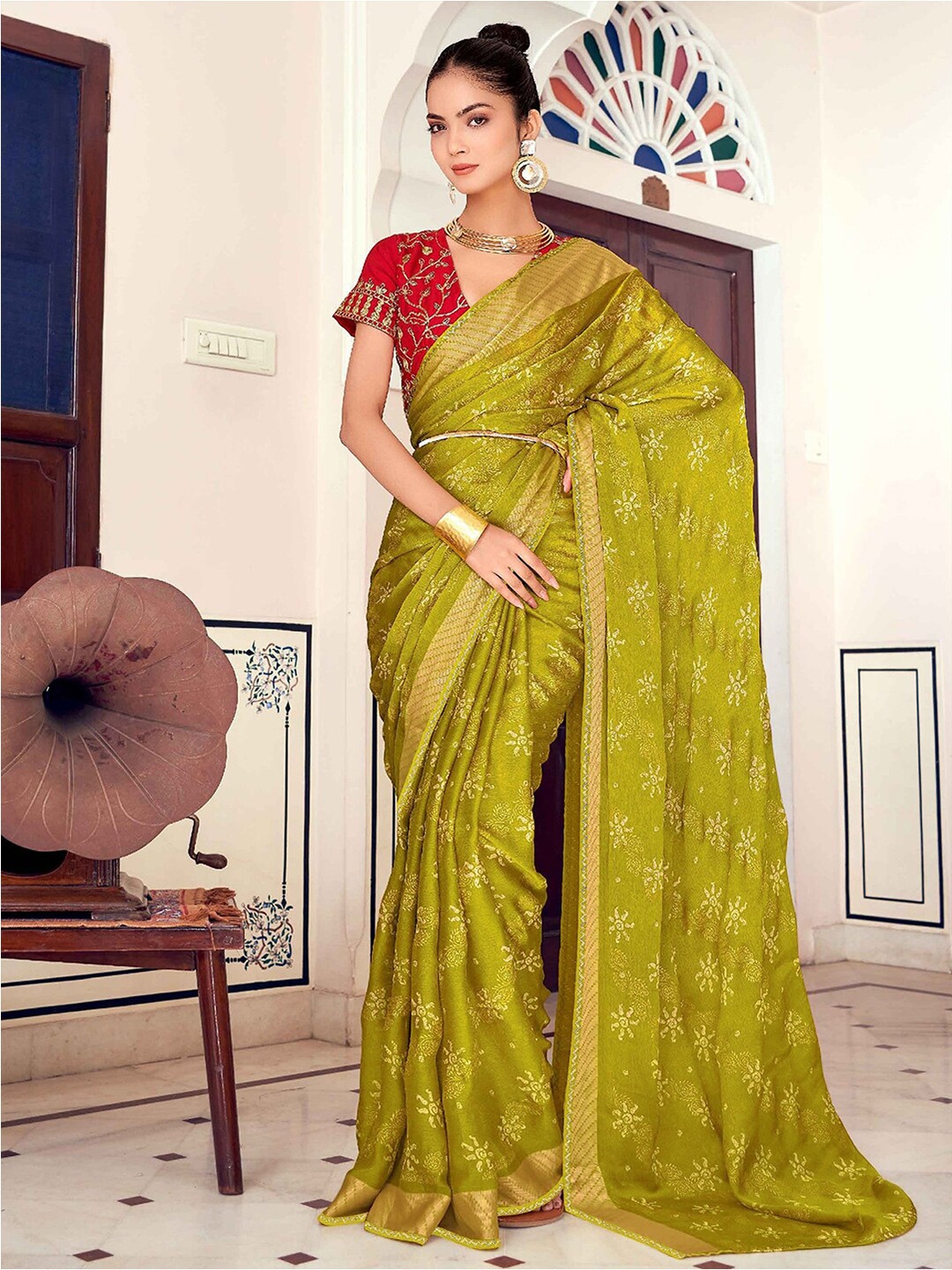 

Satrani Ethnic Motifs Printed Sequinned Georgette Saree, Lime green