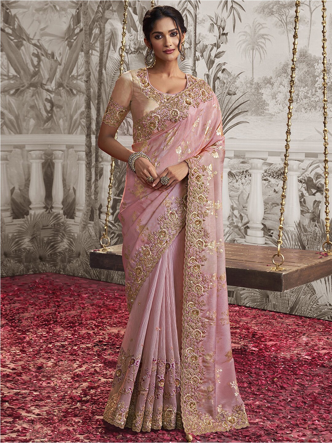 

Satrani Ethnic Motifs Patchwork Silk Heavy Work Saree, Peach