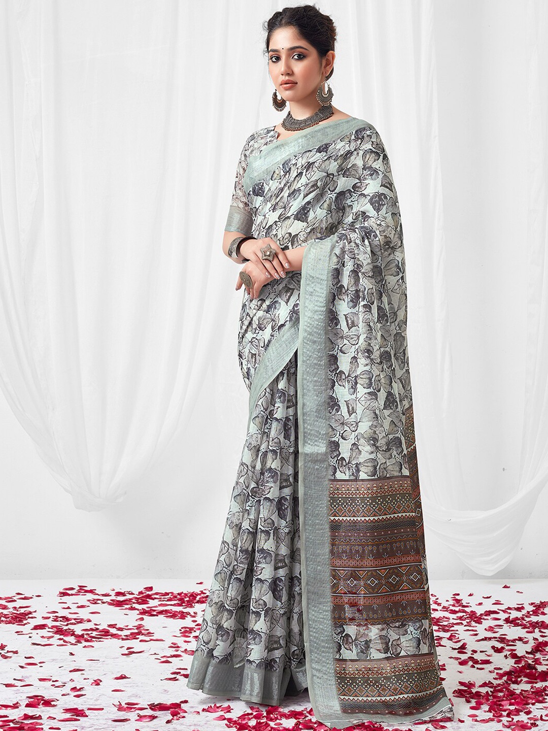 

Mitera White & Brown Floral Printed Zari Saree