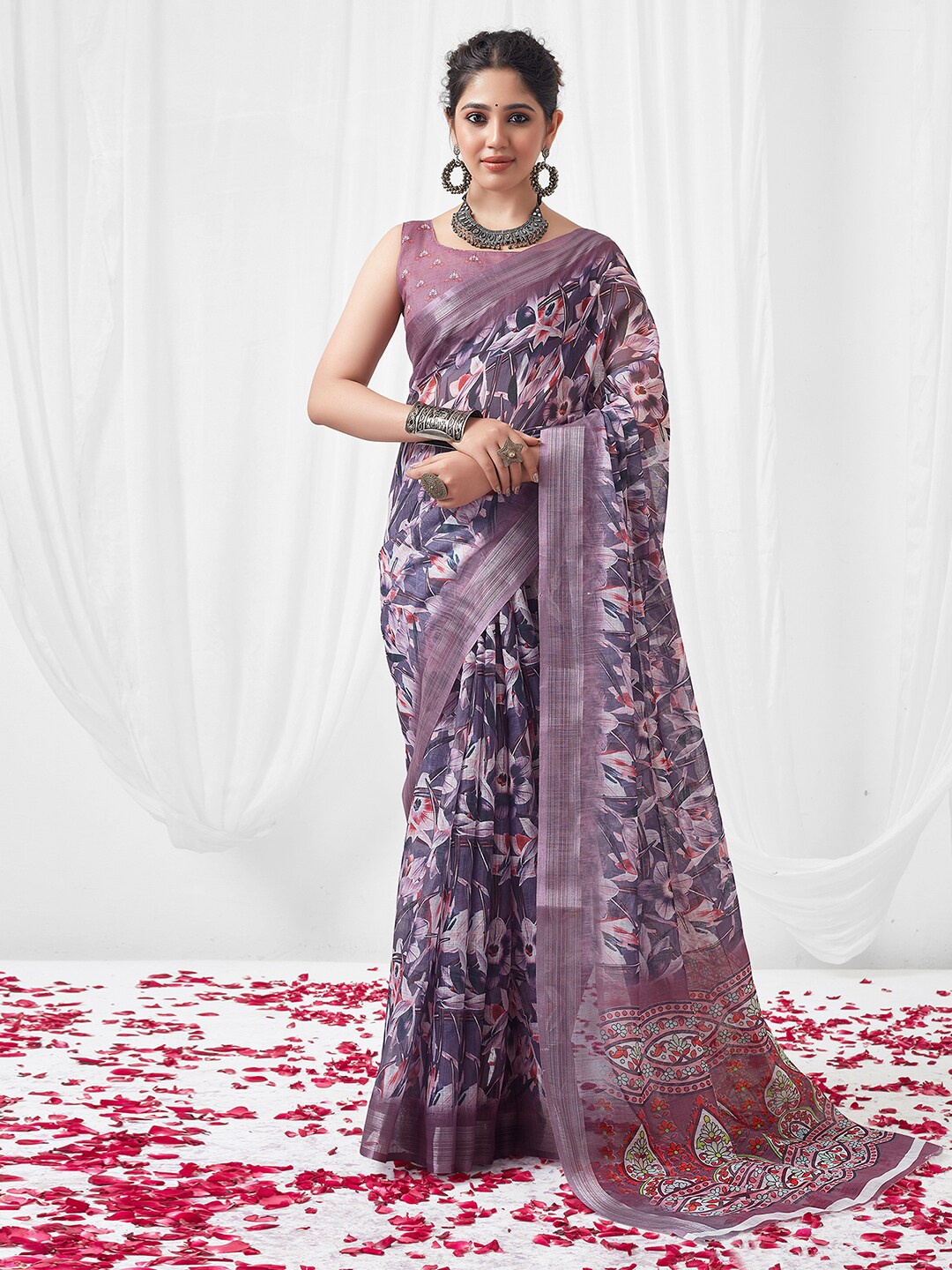 

Mitera Lavender & Green Floral Print Zari Linen Saree
