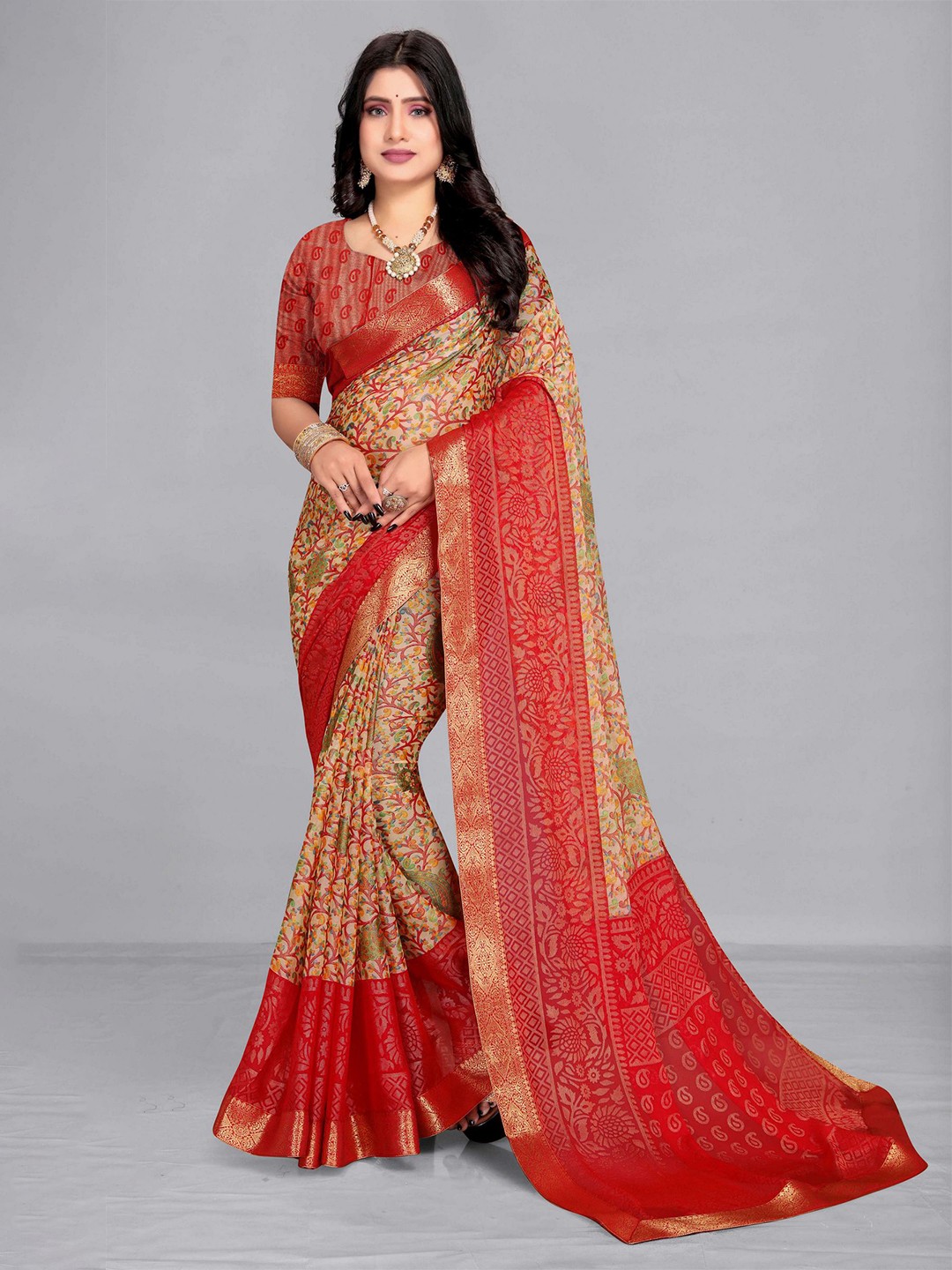 

EMV Floral Printed Woven Design Zari Saree, Orange