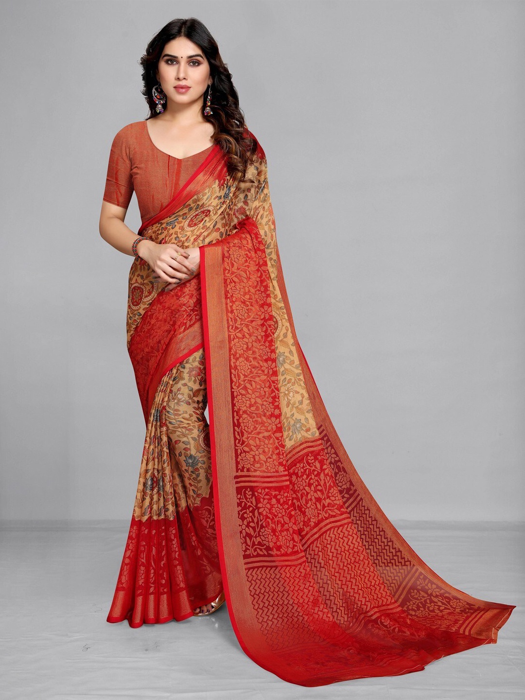 

EMV Orange & Beige Floral Printed Zari Chiffon Saree