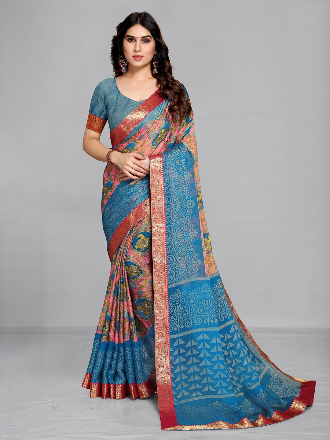 

EMV Blue & Red Floral Printed Zari Chiffon Saree