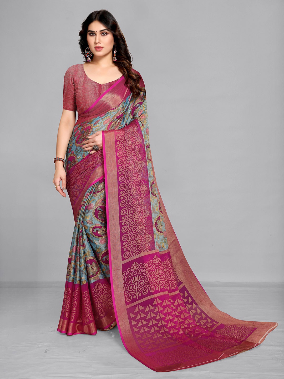 

EMV Pink & Blue Floral Printed Chiffon Saree