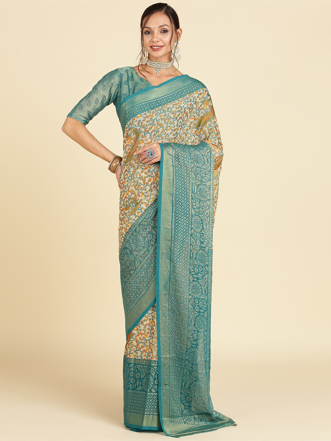 

EMV Teal Green & Yellow Floral Chiffon Saree