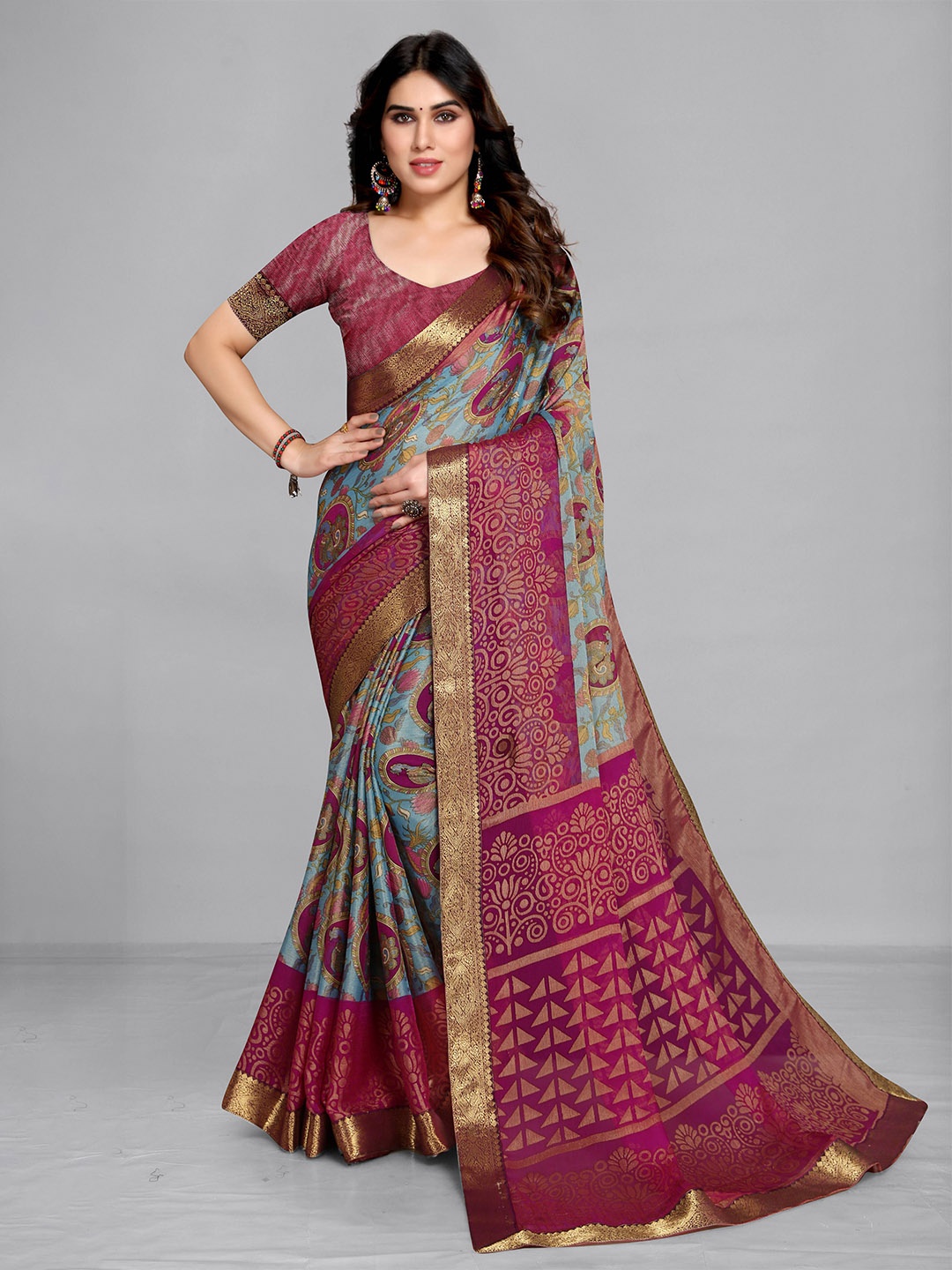 

EMV Magenta & Green Floral Printed Zari Chiffon Saree