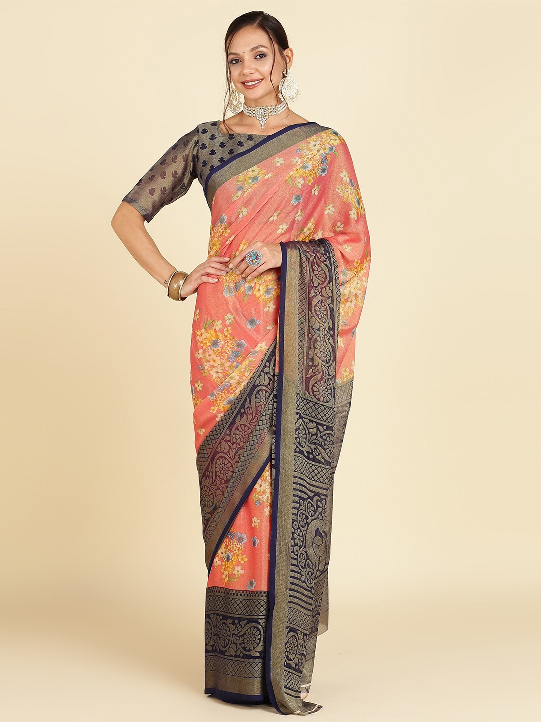 

EMV Peach Coloured & Navy Blue Floral Printed Chiffon Saree