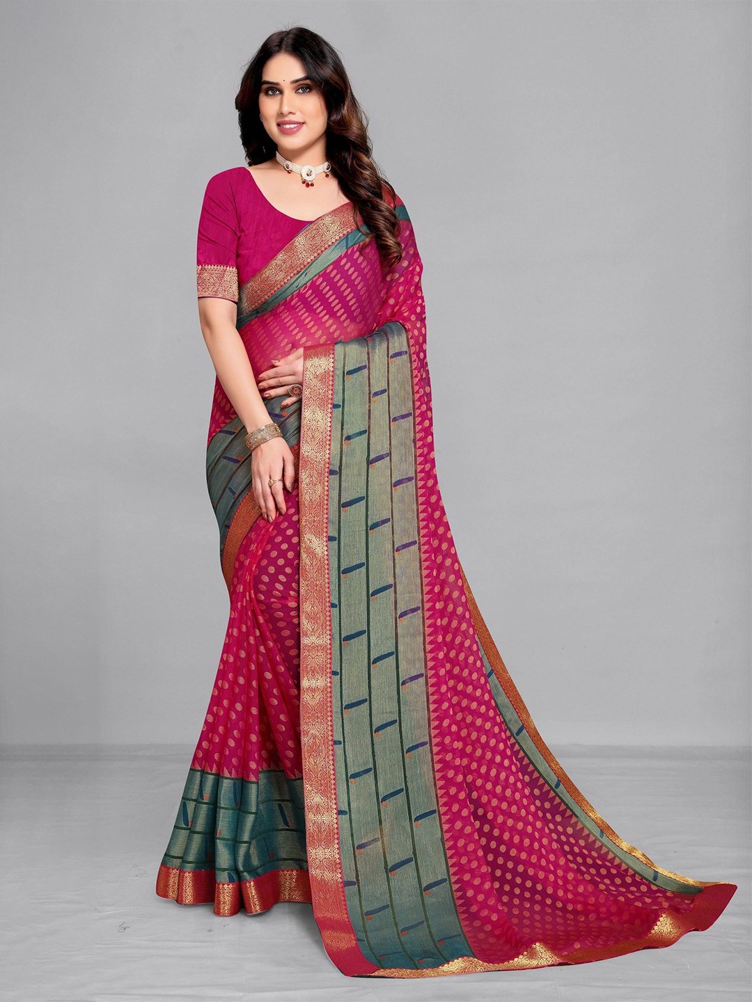 

EMV Polka Dots Woven Design Zari Saree, Pink