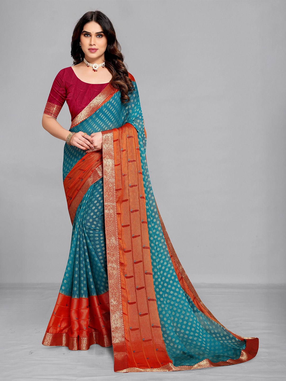 

EMV Floral Printed Zari Chiffon Saree, Blue