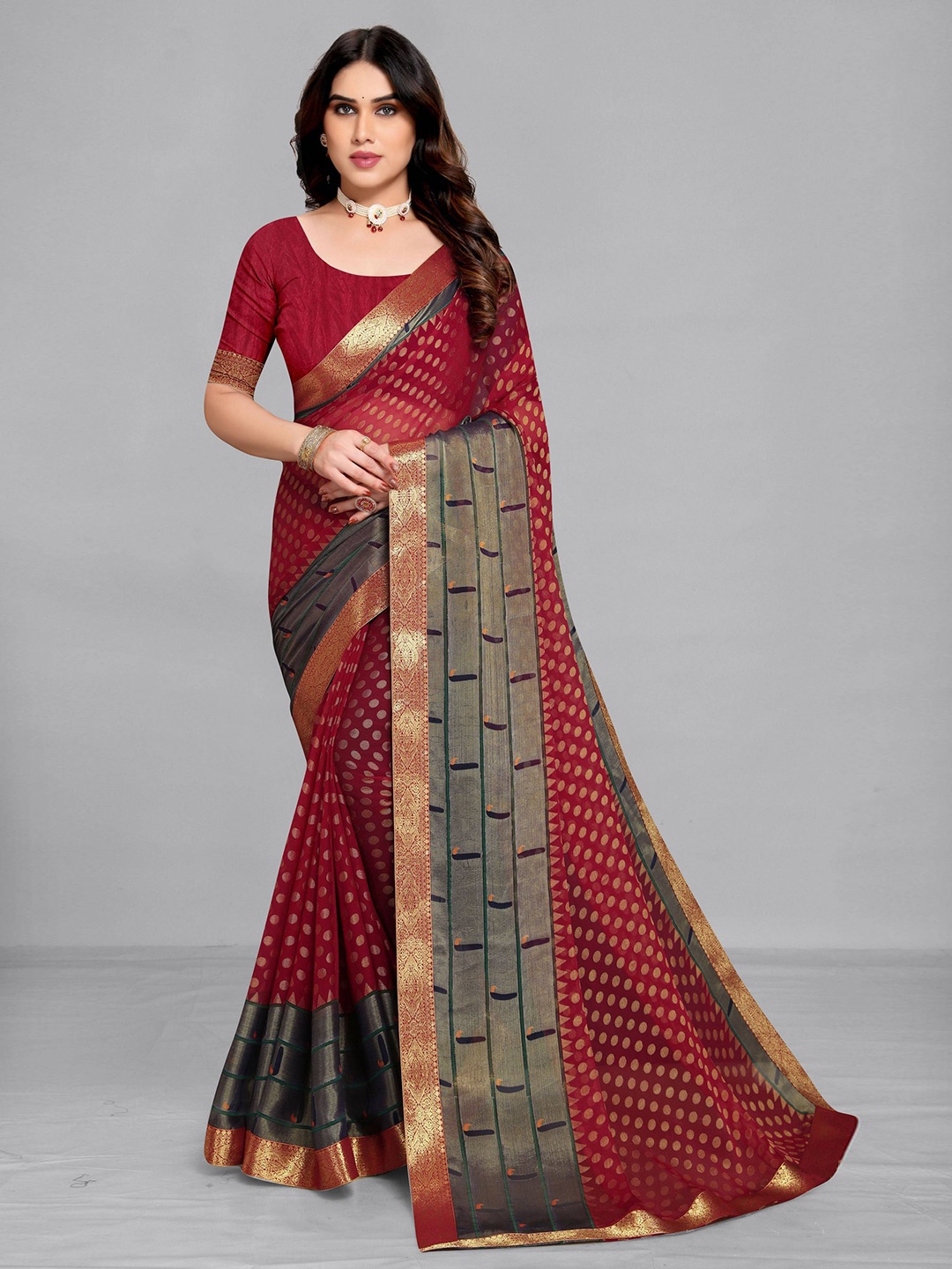 

EMV Polka Dot Printed Zari Chiffon Saree, Maroon