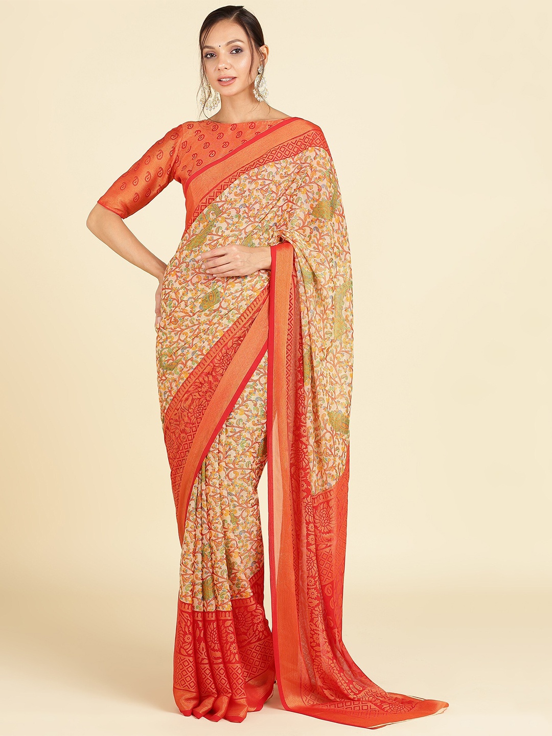 

EMV Orange & Green Floral Printed Chiffon Saree