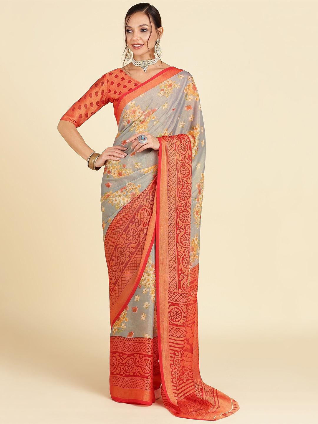 

EMV Floral Printed Saree, Grey