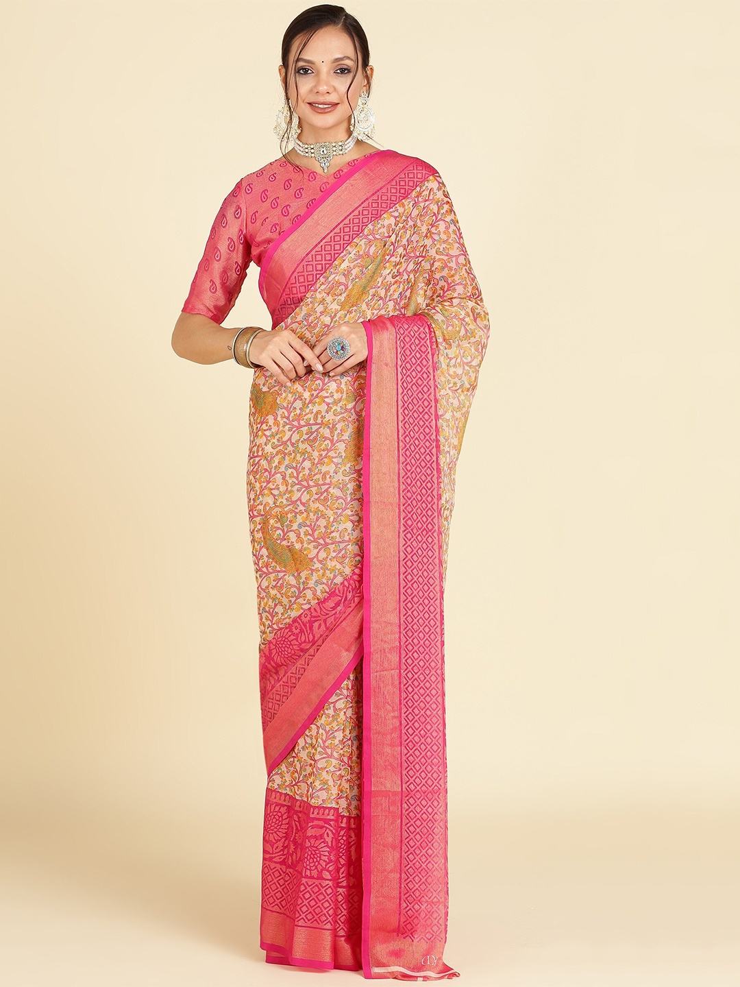 

EMV Floral Printed Woven Design Zari Saree, Pink